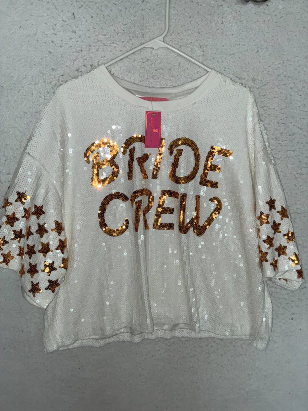 Simply Southern Bride Crew Tshirt Crop Top Bling Sequins White Gold sz M